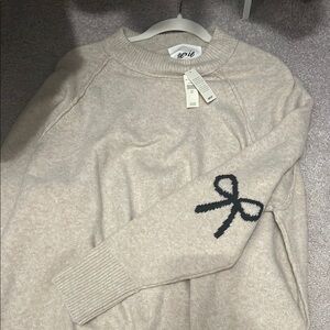 Aerie Beige Sweater with Navy Bow Accent